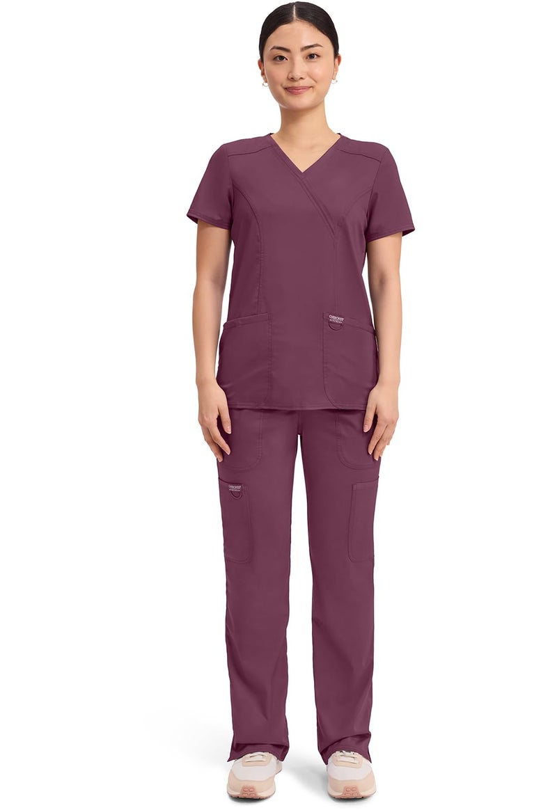 Cherokee Scrubs Top for Women Mock Wrap with 3 Pockets, Soft, 2-Way Stretch & Durable Fabric - WW610, M, Wine - Image 5